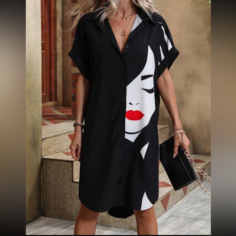 New SHEIN LUNE Figure Graphic Batwing Sleeve Shirt Dress - Picture 5 of 14